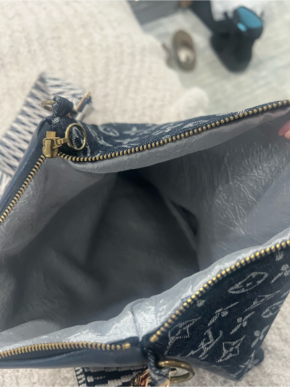 *Up cycled crossbody bag/Louis Vuitton Denim Monogram Fabric w/ Patterned Strap - Picture 7 of 8